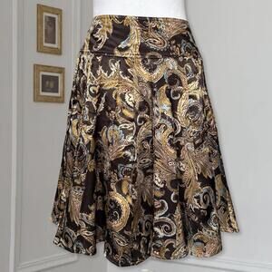 Y2K Blue and Brown Satin Paisley Pleated Midi Skirt Whimsigoth Boho Fairy